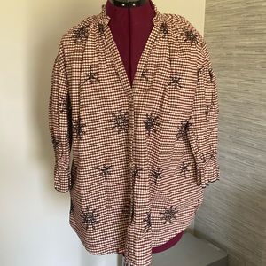Zara Burgundy and Black Checked Peasant Blouse (Size S)
